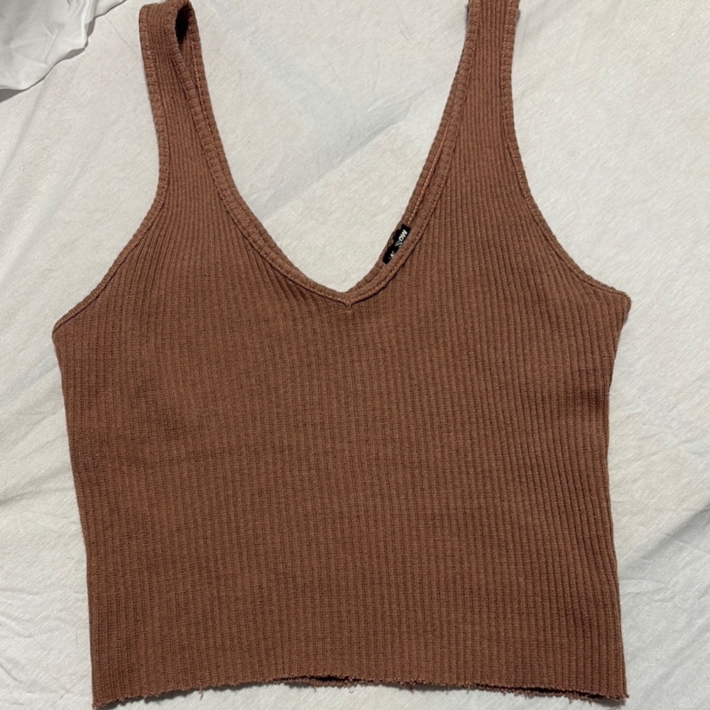 Monrow Brown Ribbed Crop Tank Top